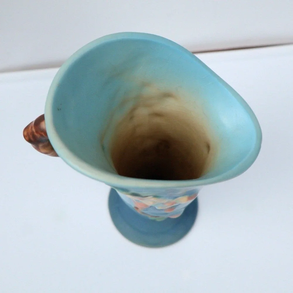 Roseville Vintage Pottery Apple Blossom Vase Shape 382-7 Aqua Blue
